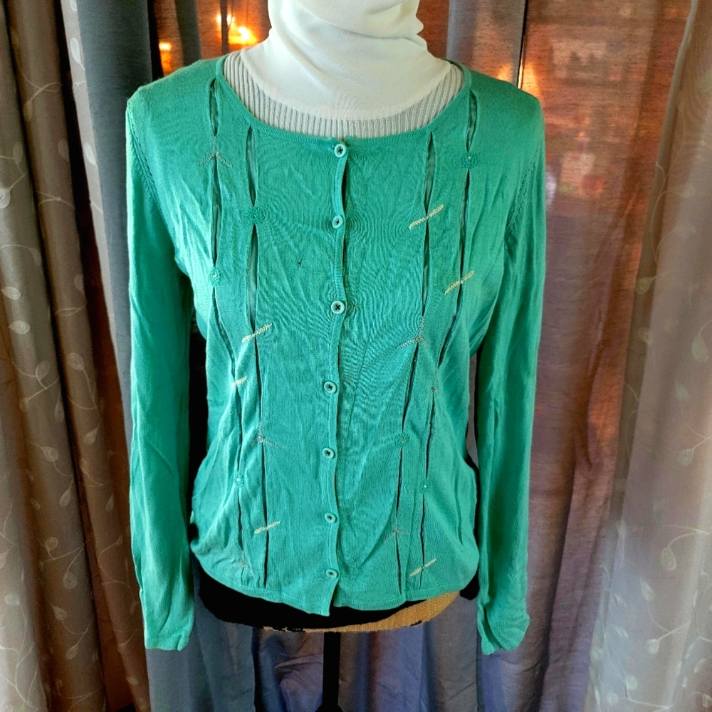 Silk blend embroidered mint green teal cardigan by Sigrid Olsen